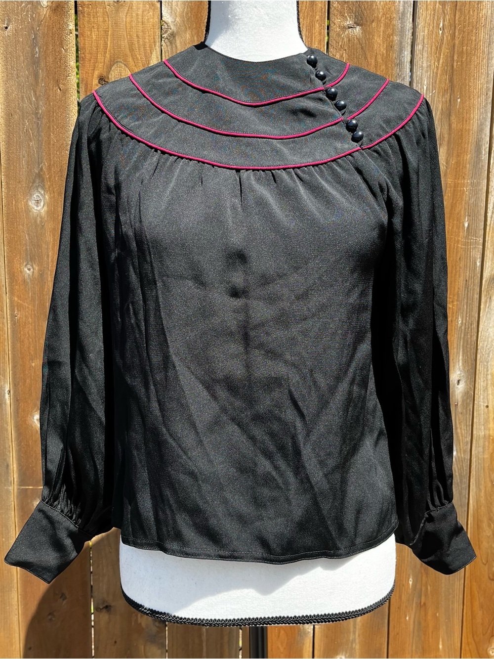 Vintage 80s Nipon Boutique Black Blouse with Pink Piping Yoke